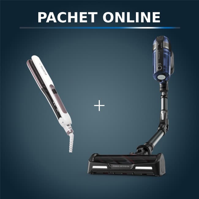 Pachet PROMO Aspirator vertical fara fir Rowenta X-Force Flex 12.60 cu mop Aqua RH98C8WO si Placa de indreptat parul Rowenta Brush&Straight Premium Ca