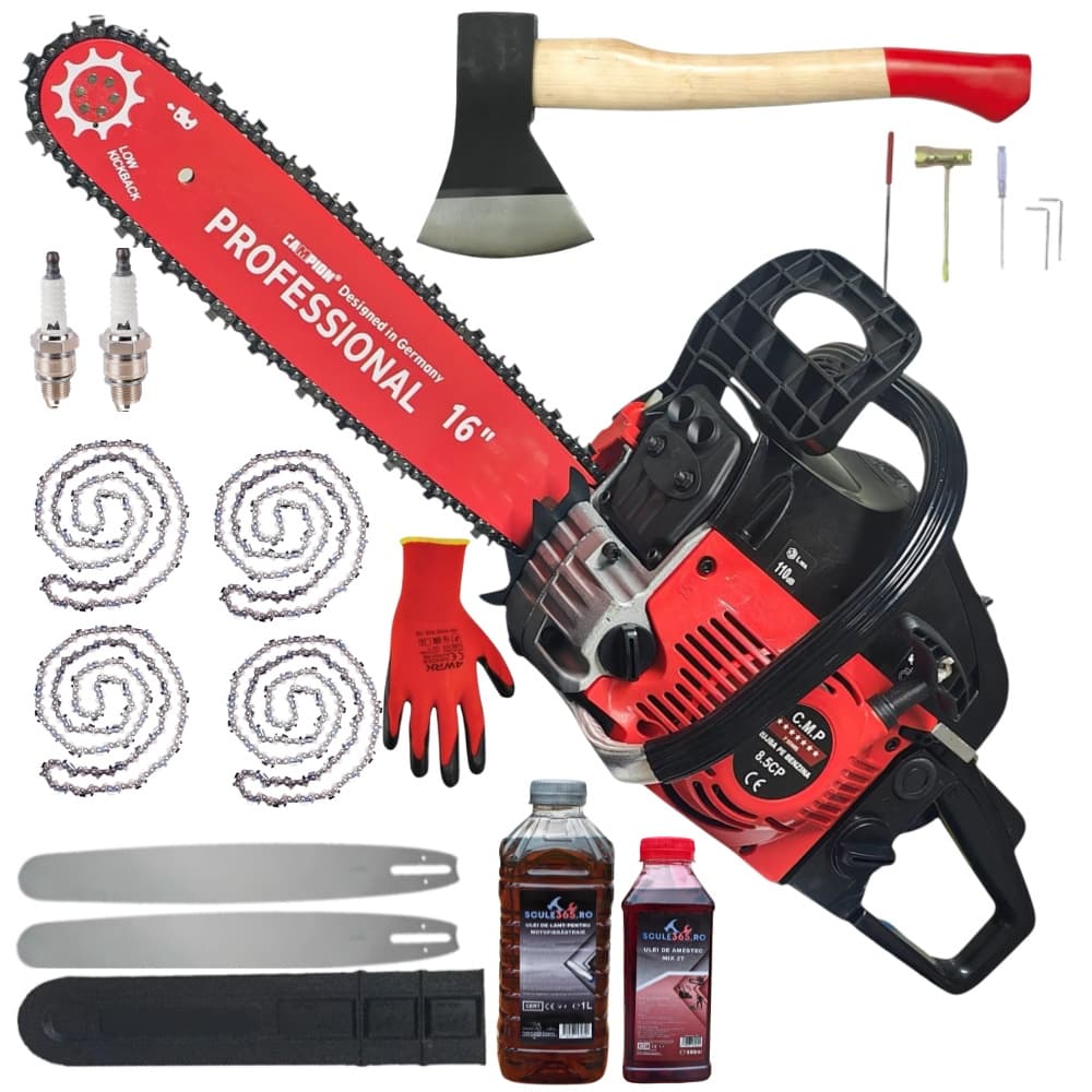 8.5CP *WOW* Drujba Benzina cu topor, 4 lanturi, 2 lame, 2 buji, ulei ungere, ulei amestec, manusi, accesoriile incluse, PACHET Campion PROFESSIONAL CMP1312R