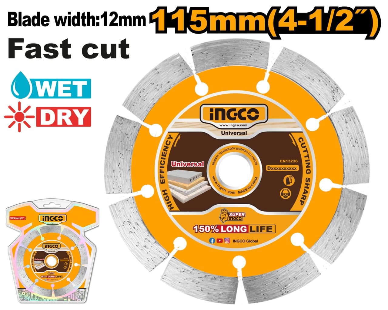 Disc Diamantat Segmentat 115x22.2mm 12mm INGCO DMD0111513, pentru beton, caramida, granit si marmura, taiere uscata si umeda