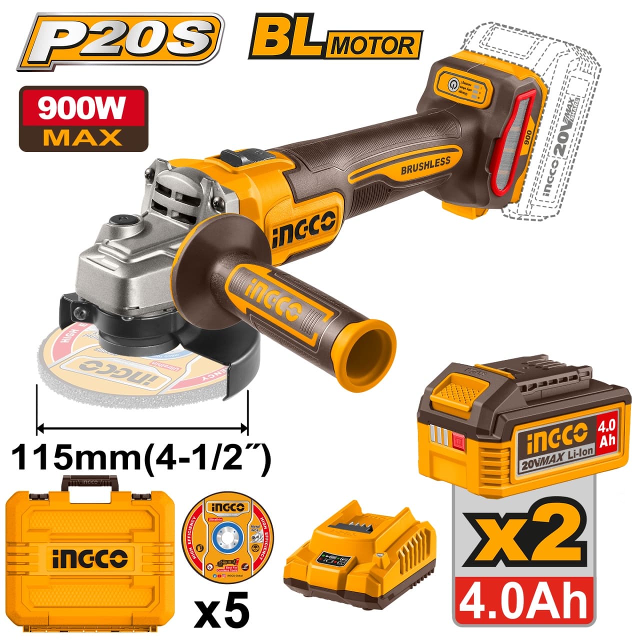 Flex Unghiular Profesional 20V 115mm 900W Brushless INGCO CAGLI261522E, 3000/6000/9000 rpm, filet M14, 2 acumulatori 4Ah + incarcator + accesorii incluse