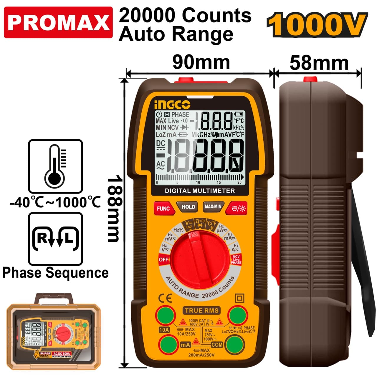 Multimetru Digital Profesional DM410003 – TRU RMS 20000 Puncte, 1000V DC / 750V AC, 10A, Auto Range, Masurare Temperatura -40°C~1000°C, NCV, LowZ