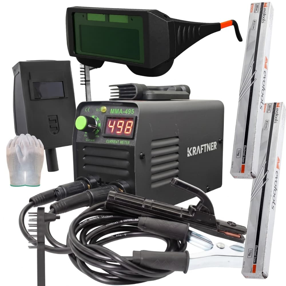 *PACHET* Aparat de sudura invertor MMA, KRAFTNER, 495a, afisaj digital, accesorii incluse, manusi bonus, cablu 1,8m, ochelari sudura automati, x2 pachet electrozi KF-2759