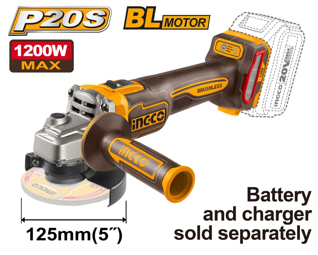 Polizor Unghiular Brushless 20V 125mm 1200W cu variator turatie, 9000rpm, fara acumulator INGCO – CAGLI221253