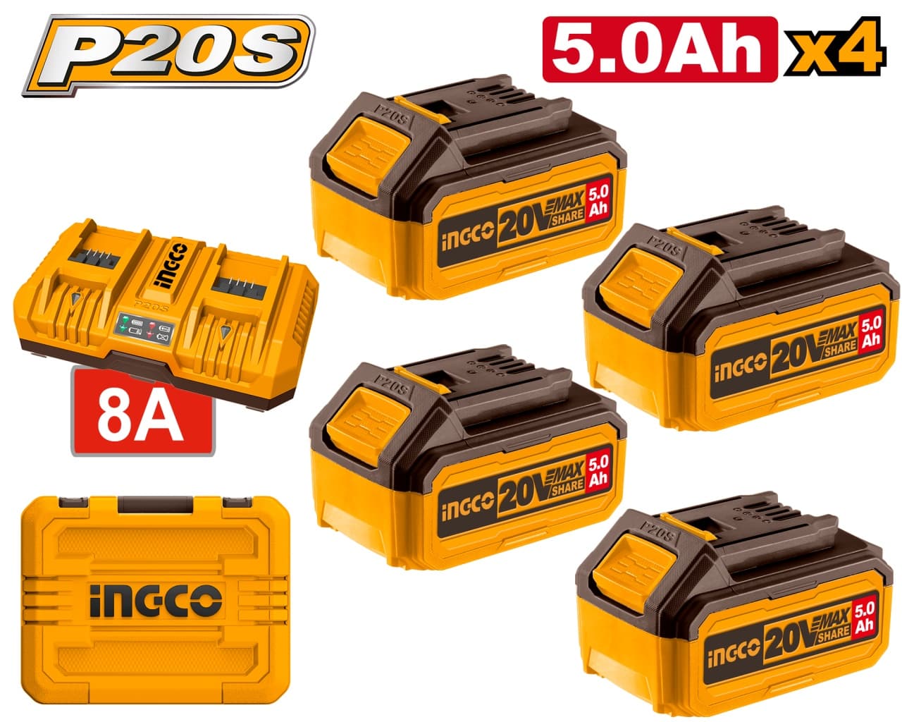 Set baterii 20V 5.0Ah (4 buc) cu incarcator dublu 4A+4A, pentru scule P20S, acumulator INGCO FBCLI20285