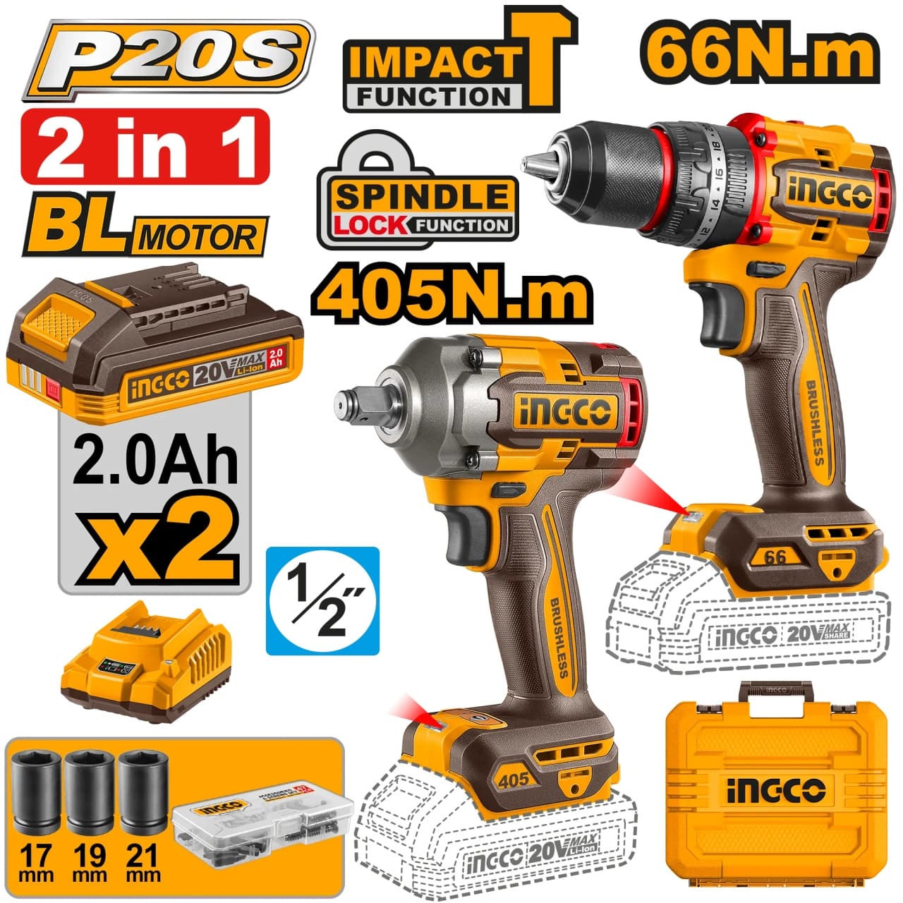 Set INGCO CKLI20286E, bormasina cu impact 20V 66Nm + filetanta impact 1/2” 405Nm, Brushless, desfacere 555Nm, 2 acumulatori 2Ah, incarcator, 47 accesorii, tubulare si cutie transport
