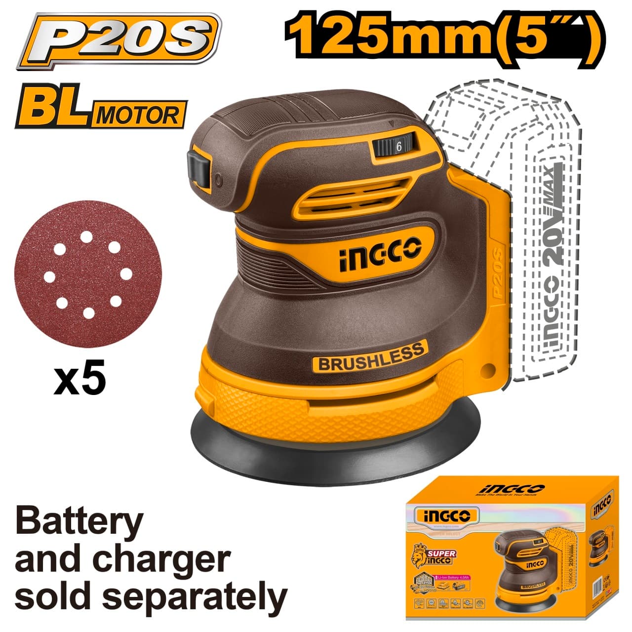 Slefuitor Orbital 20V 125mm CROSLI2002 – 8000-13000 rpm, Viteza Variabila, Talpa 125mm, Fara Acumulator si Incarcator