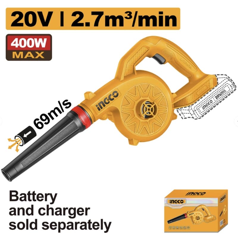 Suflanta frunze INGCO CABLI2078, 20V, 400W, 0-18000 RPM, debit aer 2.7 m³/min, viteza aer 69 m/s, compatibila platforma INGCO 20V, fara acumulator si incarcator