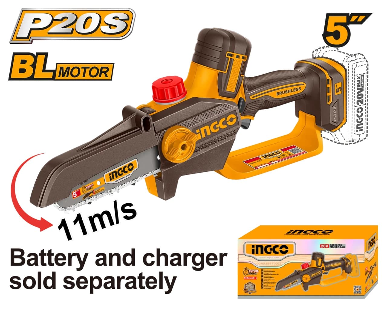 Fierastrau de mana INGCO CGSLI2056, 20V, Brushless, lama 13cm / 5”, ungere automata, lant 1/4”, canal 1.1mm, viteza lant 11m/s, 36 zale, fara acumulator si incarcator