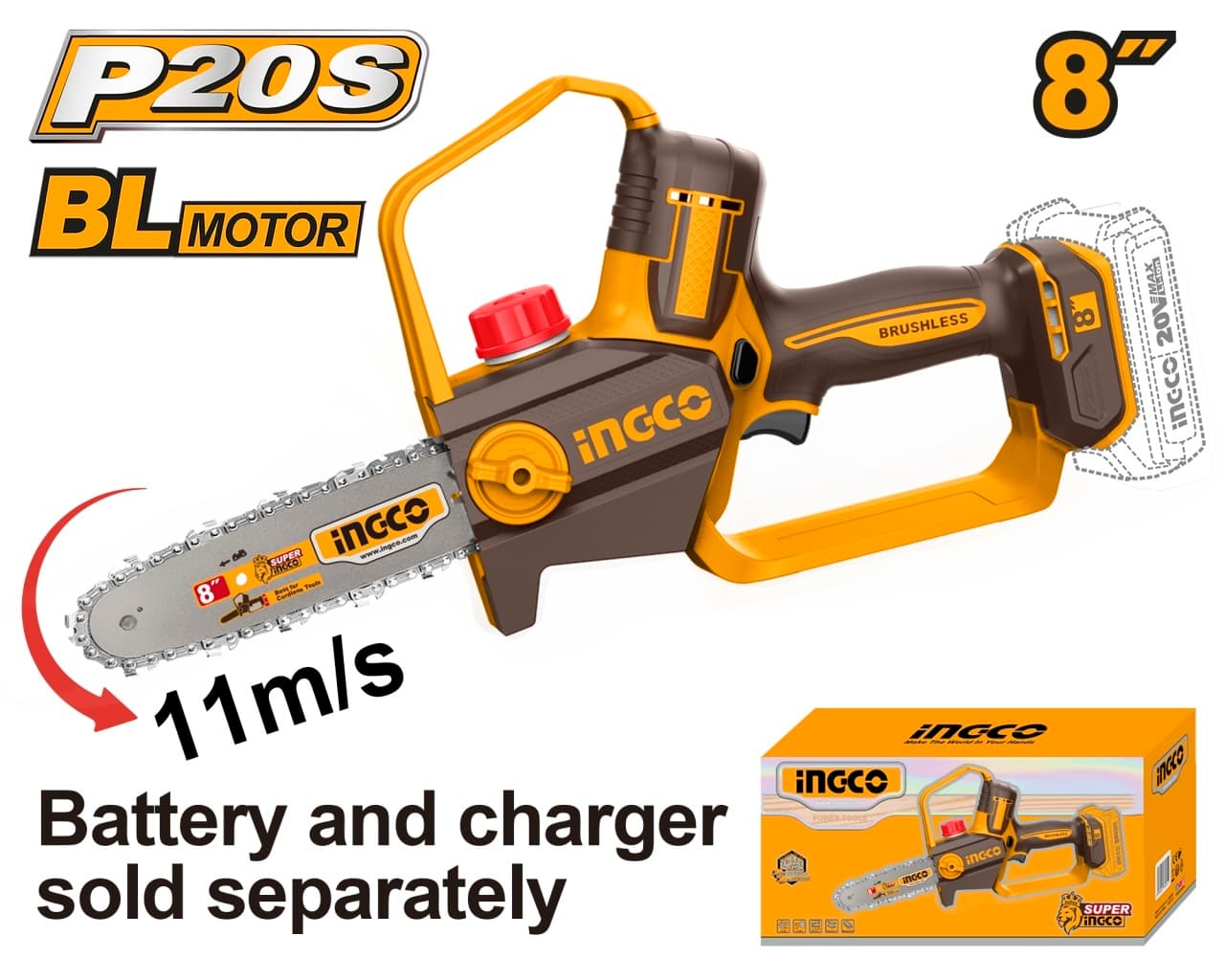 Fierastrau Electric de Mana 20V 20cm (8") Brushless Industrial INGCO CGSLI2088, viteza lant 11 m/s, ungere automata, fara acumulator si incarcator