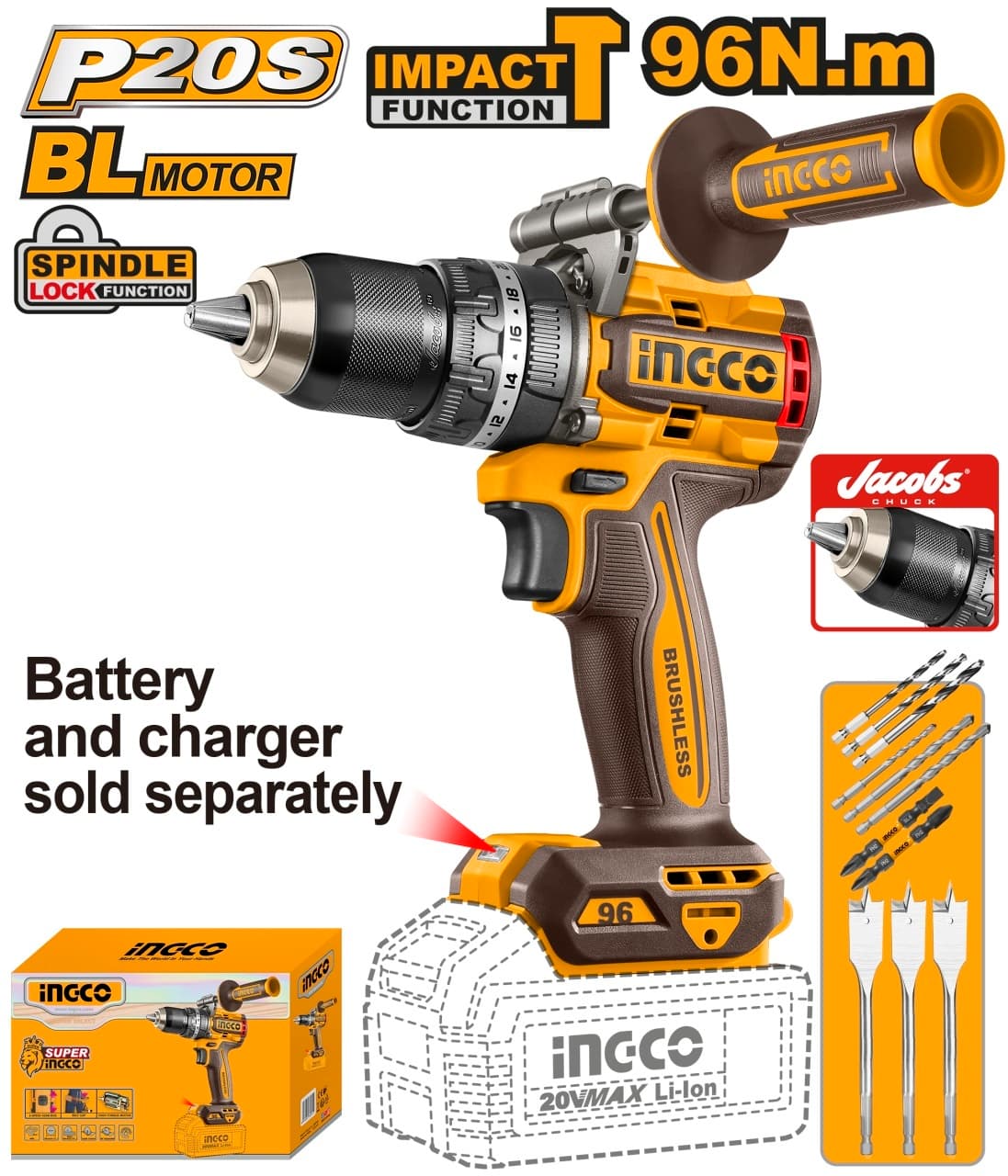 Masina de Gaurit si Insurubat cu Impact 20V INGCO CIDLI209685, 96Nm, brushless, 2 viteze 0-550/2100 rpm, 31500 bpm, mandrina metalica 13 mm, fara acumulator si incarcator