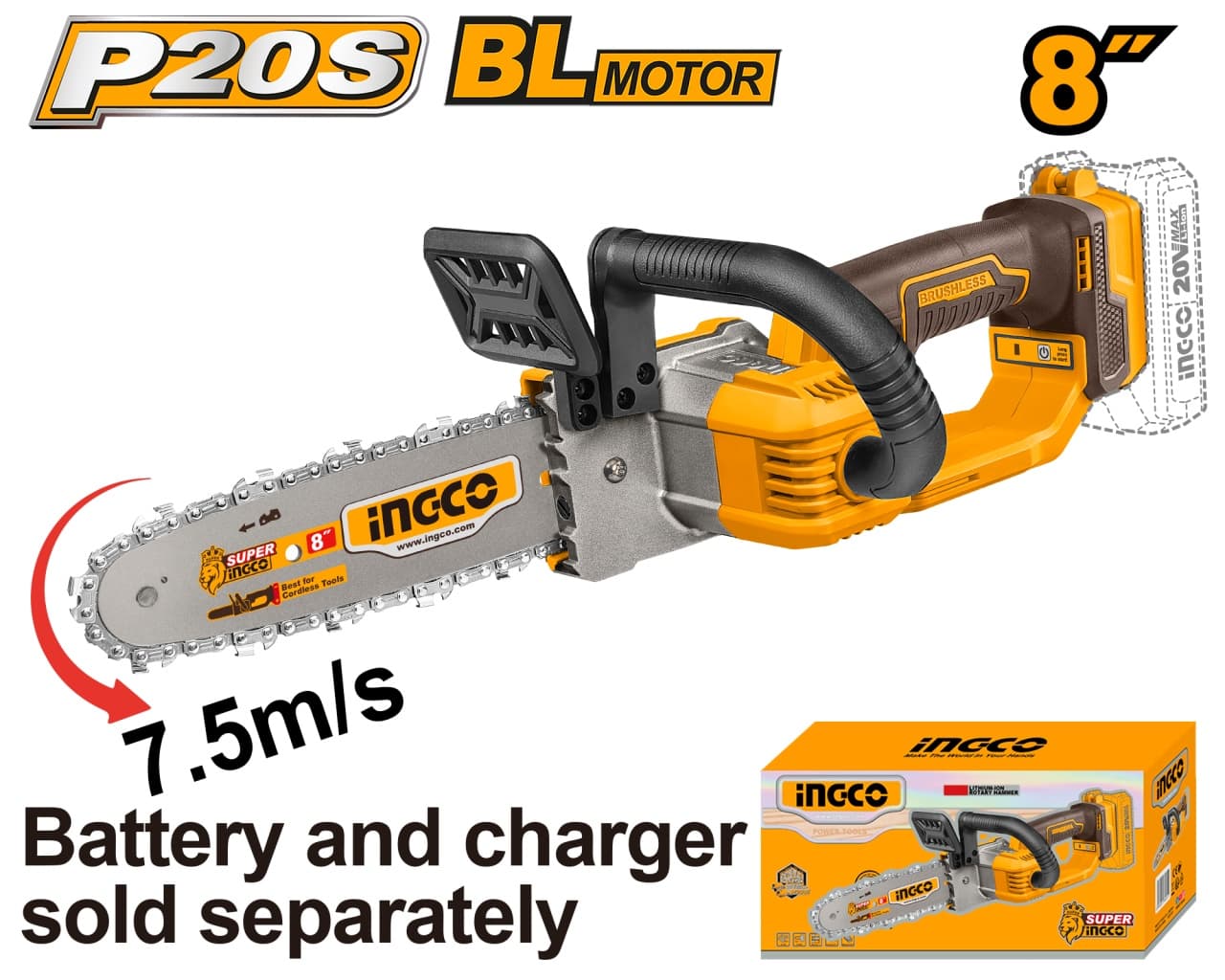 Mini drujba electrica ierastrau de mana cu lant 20V, 20cm, motor brushless, fara acumulator , INGCO CGSLI2085