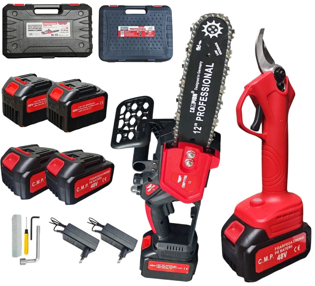 Set cu 4 acumulatori 48v, Mini Drujba electrica 300mm + Foarfeca gradina cu acumulator 27mm diametru Campion PROFESSIONAL
