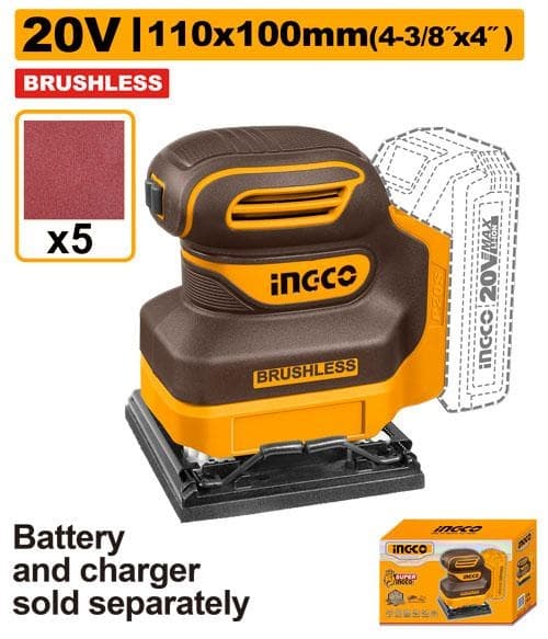 Slefuitor oscilant INGCO, 20V, Brushless, talpa 110x100mm, 12000 RPM, 5 hartii abrazive incluse, fara acumulator si incarcator, cod produs CPSLI2024