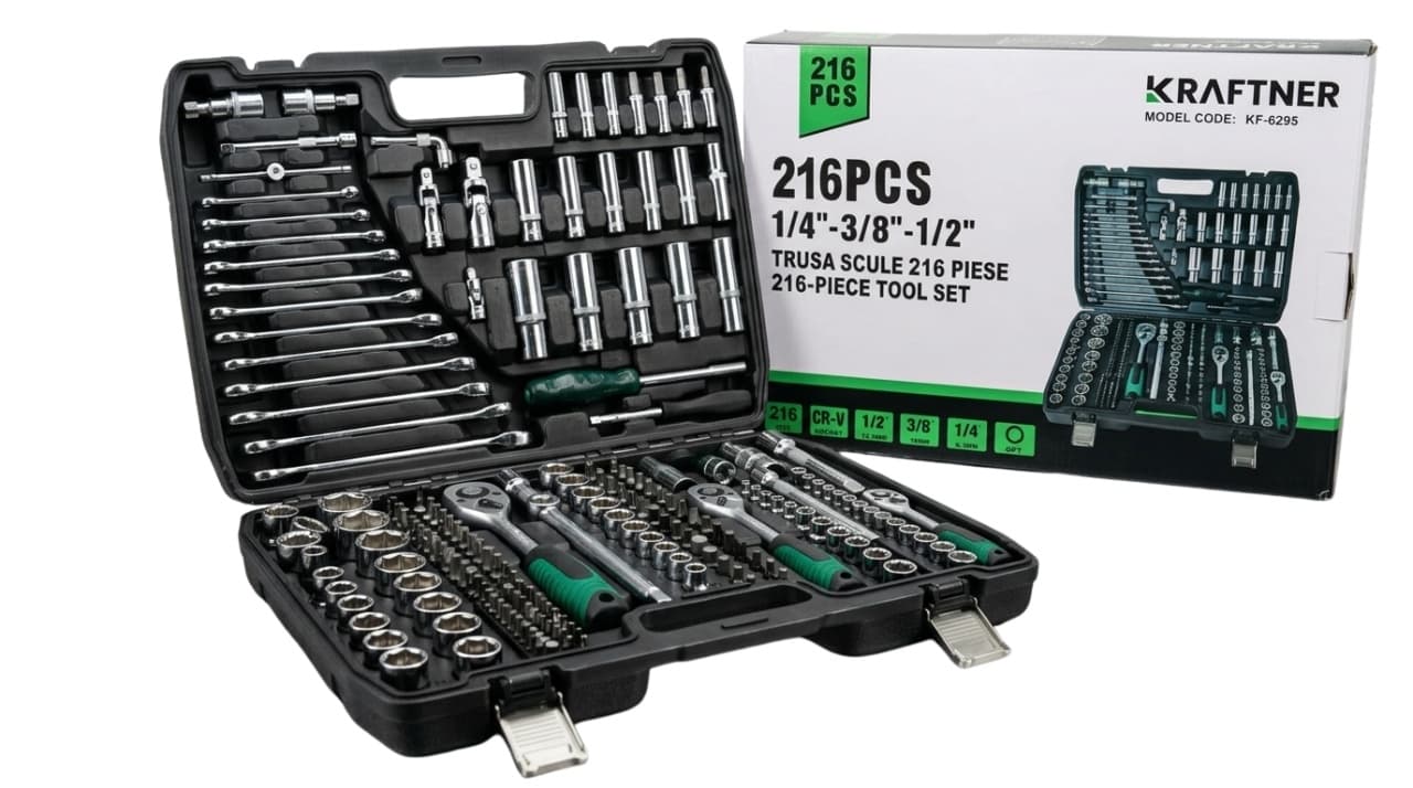 Trusa scule 216 piese KRAFTNER KF-6295, 3 chlichet - 1/2, 3/8, 1/4, crom vanadium