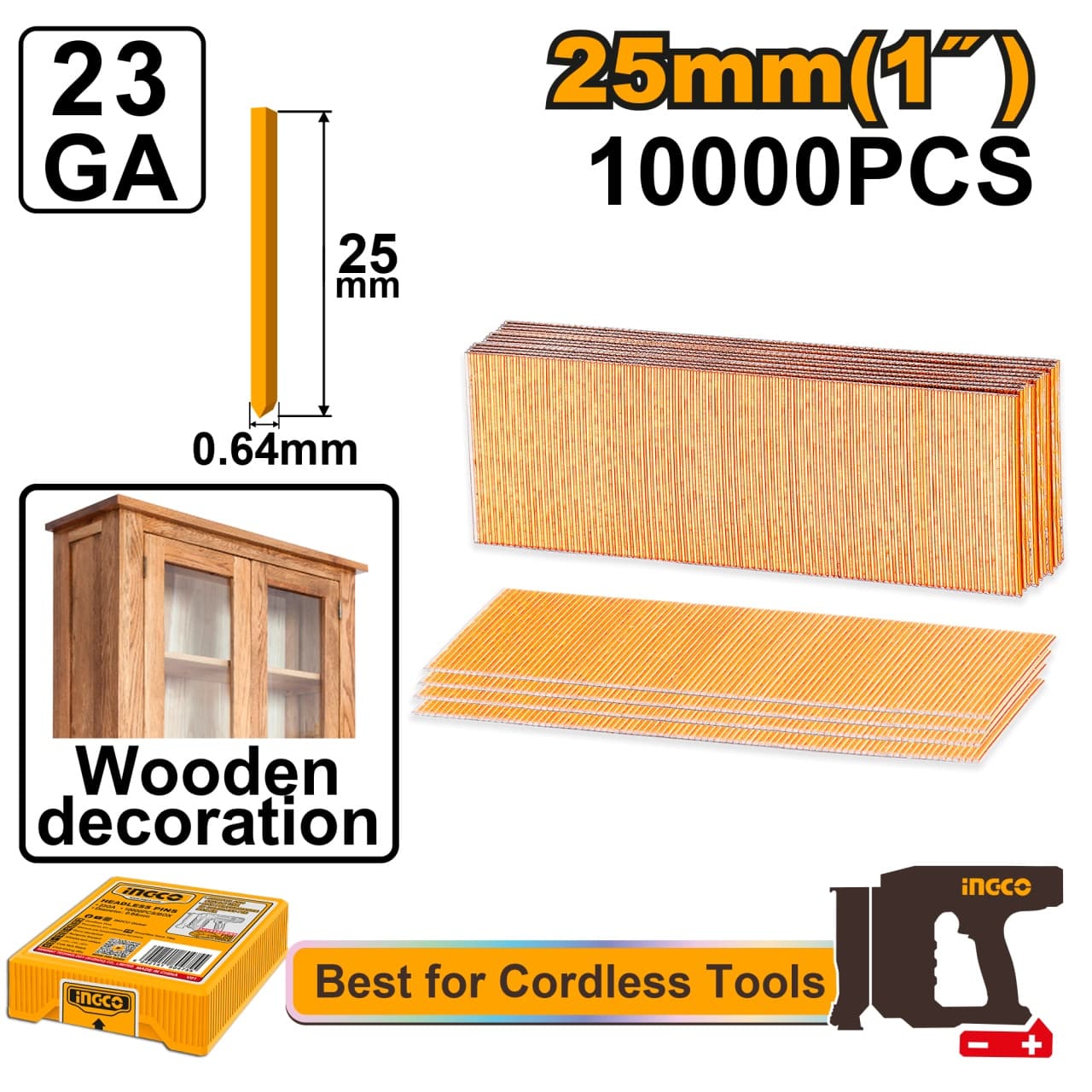 Cuie Lemn fara Cap 25 mm, Masura 23, Diametru 0.64 mm, Otel Galvanizat, pentru Pistol Electric CBNLI3603 CBNLI3606, 10000 buc, ANA06825