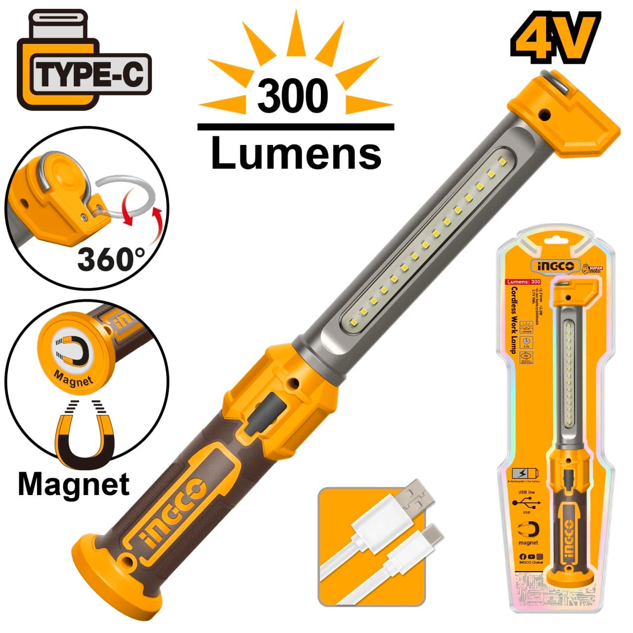 Lanterna Auto USB-C 3.5W 300lm Acumulator Li-Polymer Magnet si Carlig HWLI043006
