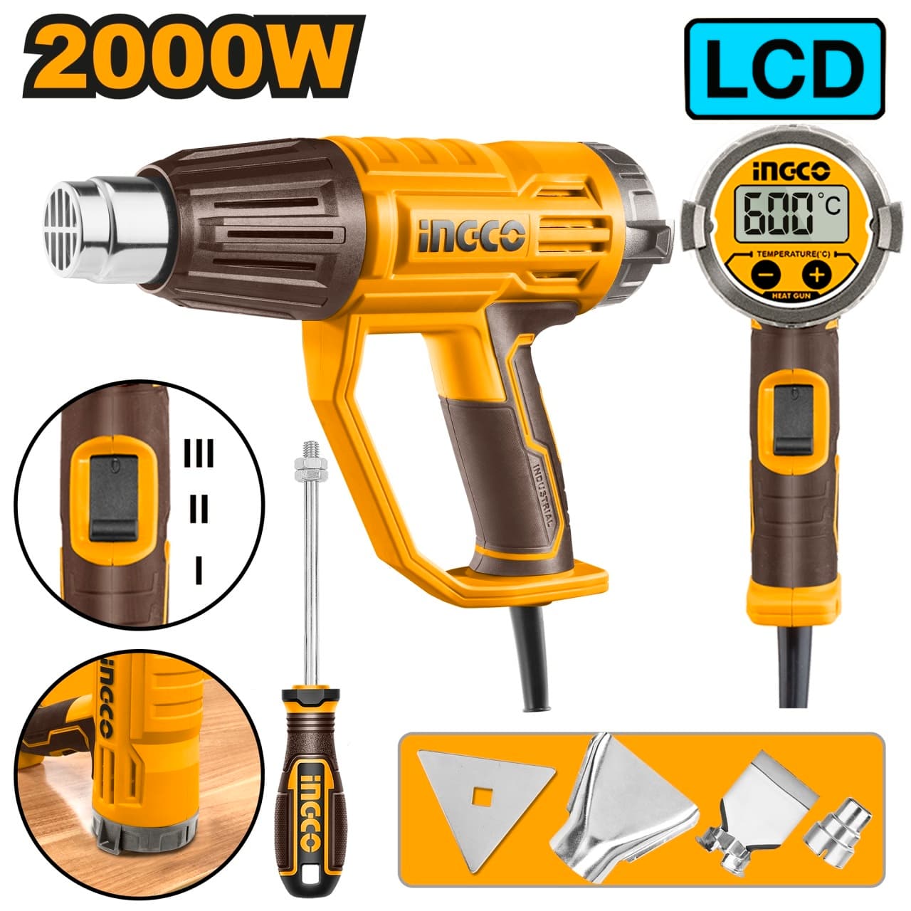 Pistol cu Aer Cald 2000W HG200058 – Afisaj Digital LCD, 50-600°C, 3 Trepte Debit Aer, Set Duze Inclus