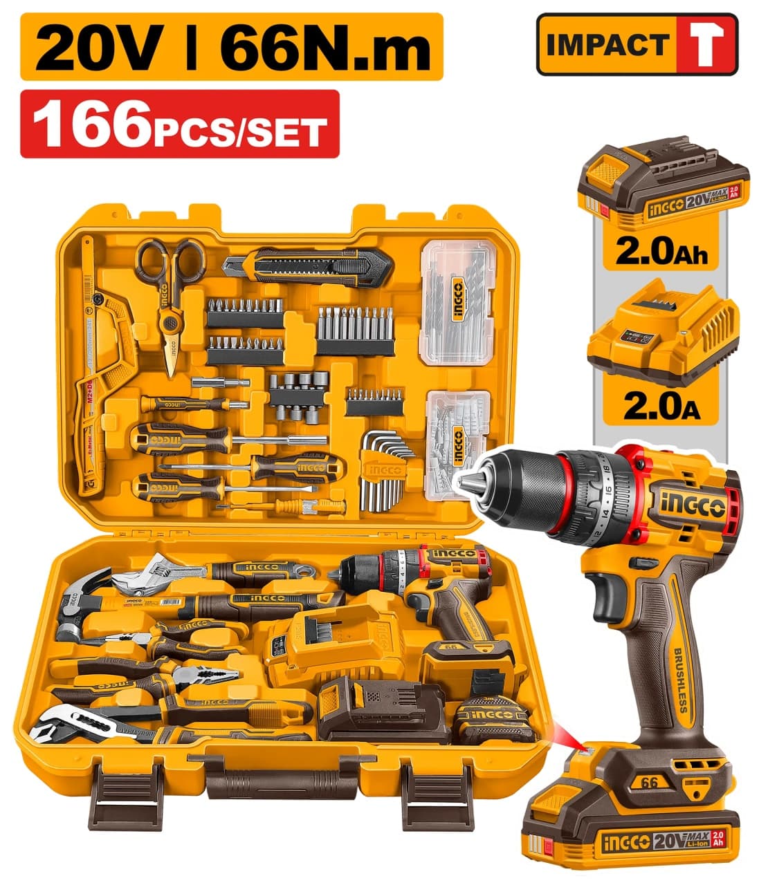 Set bormasina cu impact INGCO HKTHP41662E, 20V, 66Nm, 22500 BPM, acumulator 2Ah, incarcator 220-240V, trusa 166 piese, scule manuale, burghie, biti, tubulare, dibluri si valiza