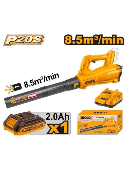 Suflanta frunze INGCO CABLI203235E, 20V Max, 15000 RPM, debit aer 8.5 m³/min, viteza aer 115 km/h, acumulator 2Ah, incarcator, compatibila P20S