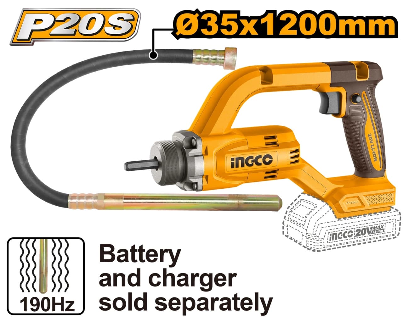 Vibrator beton INGCO, 20V, 0-2500 RPM, frecventa vibrare 190Hz, tija 35x1200mm, compatibil acumulatori INGCO 20V, fara acumulator si incarcator