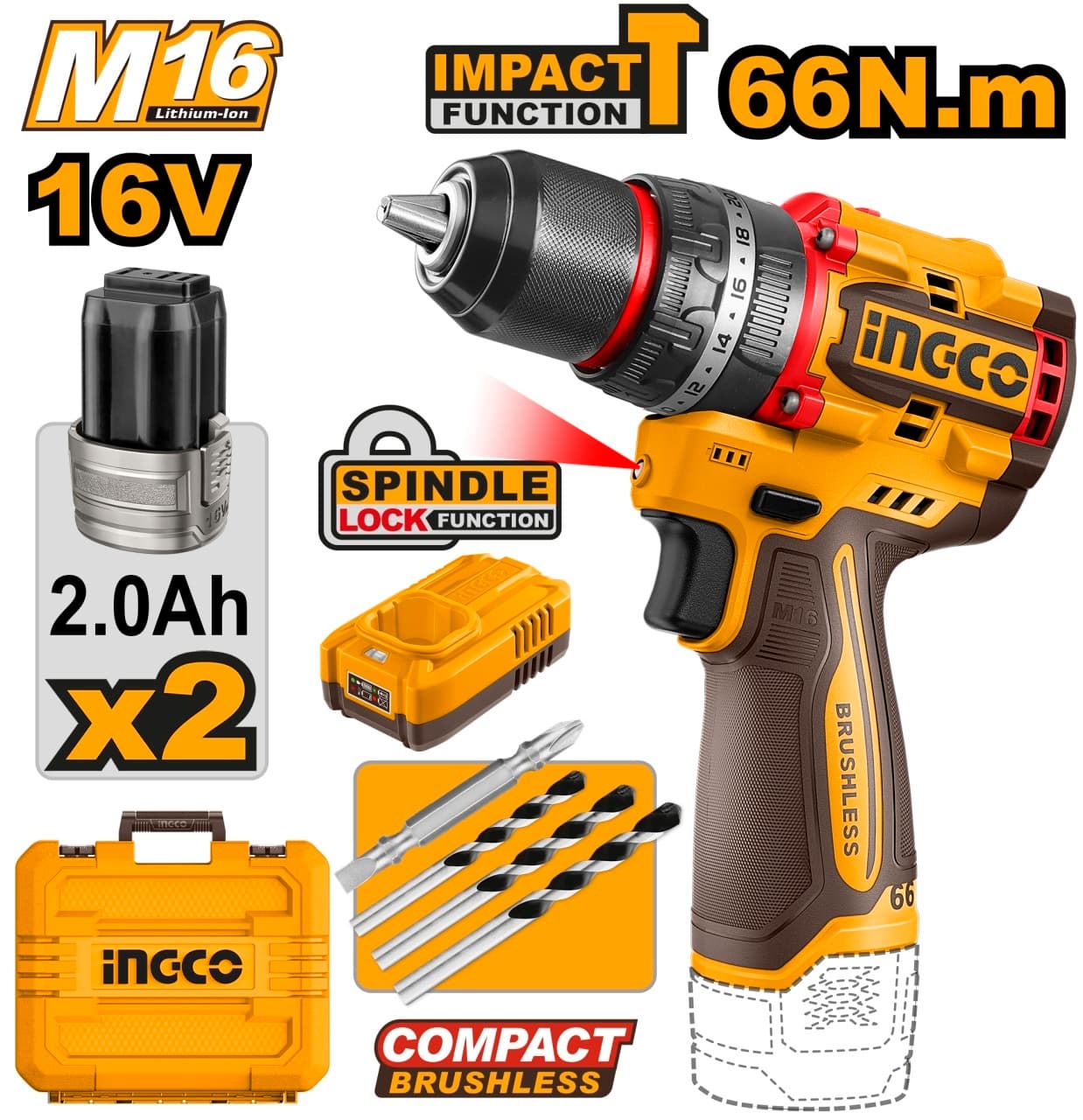 Bormasina cu Impact 16V 66Nm Brushless 2 Viteze 0-500/0-2000 rpm Mandrina Metalica 13mm 30000 bpm 22+1+1 Trepte Cuplu CIDLI166062 cu 2 Acumulatori 2Ah si Incarcator