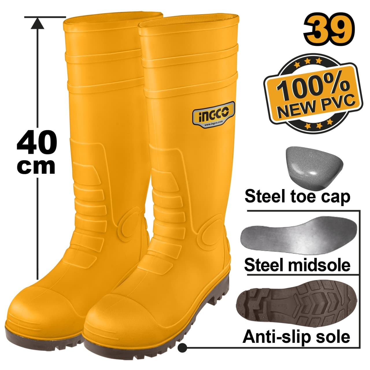 Cizme Cauciuc Galbene cu Varf Talpa Metalica 42 INGCO SSH092S1P.42