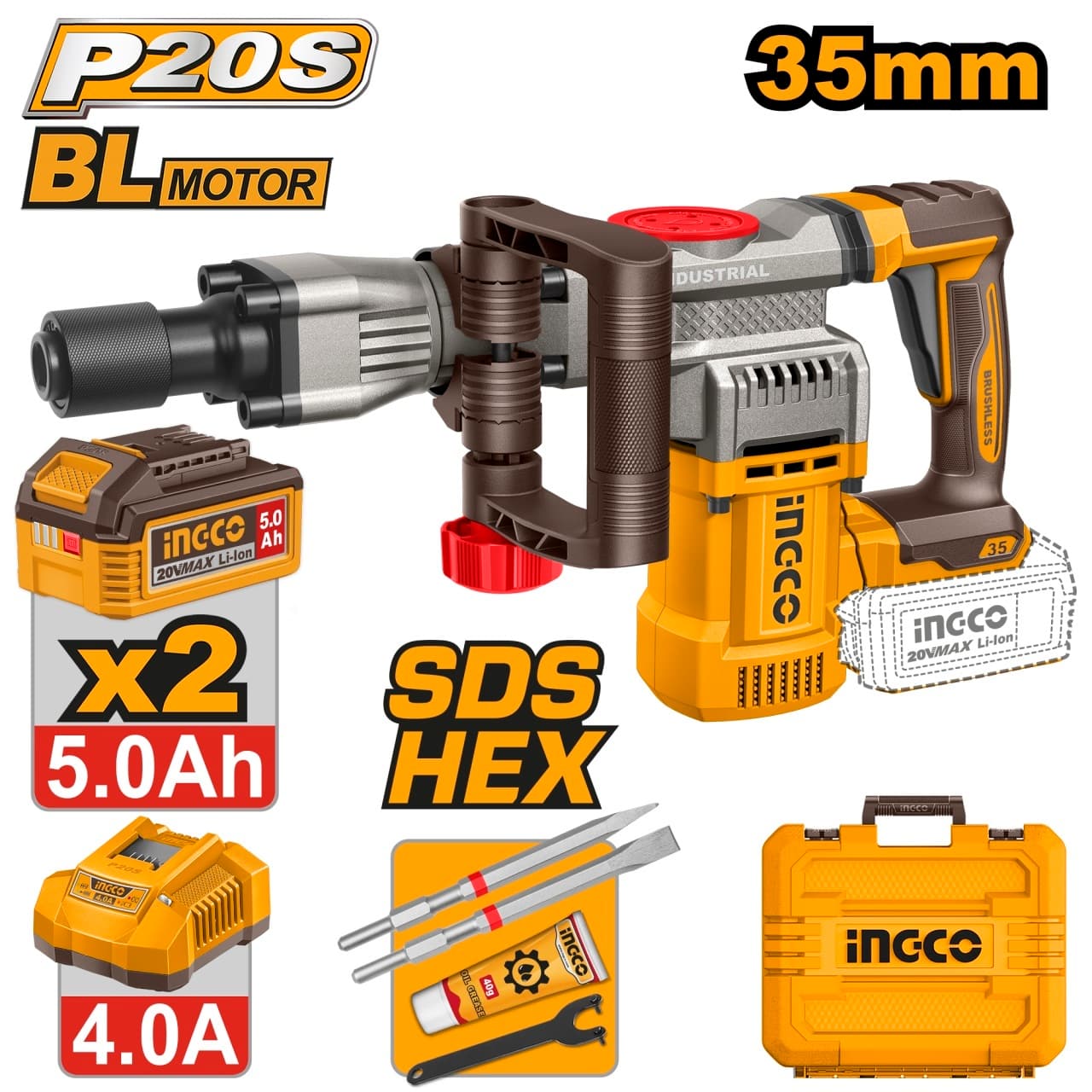 Picamer Demolator Profesional 20V INGCO CDBLI203582E, SDS HEX 35 mm, motor brushless, energie impact 16J, 0-3200 bpm, 2 acumulatori 5.0Ah, incarcator, cutie transport