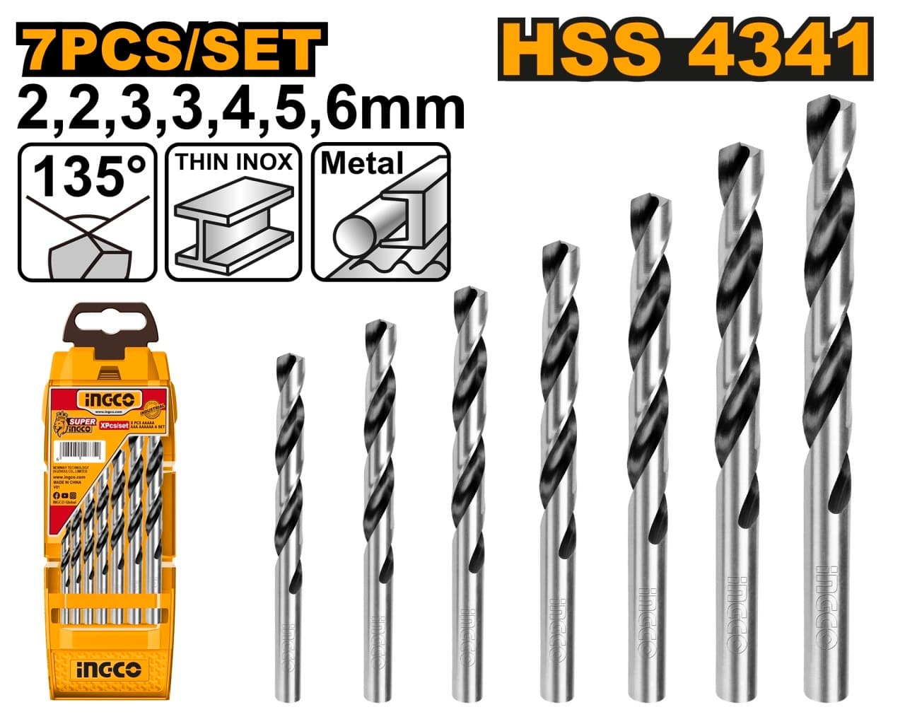 Set Burghie Metal 7 buc AKD1075 – HSS 4341, 2-6mm, Burghie Precizie pentru Otel si Metale, Set Compact