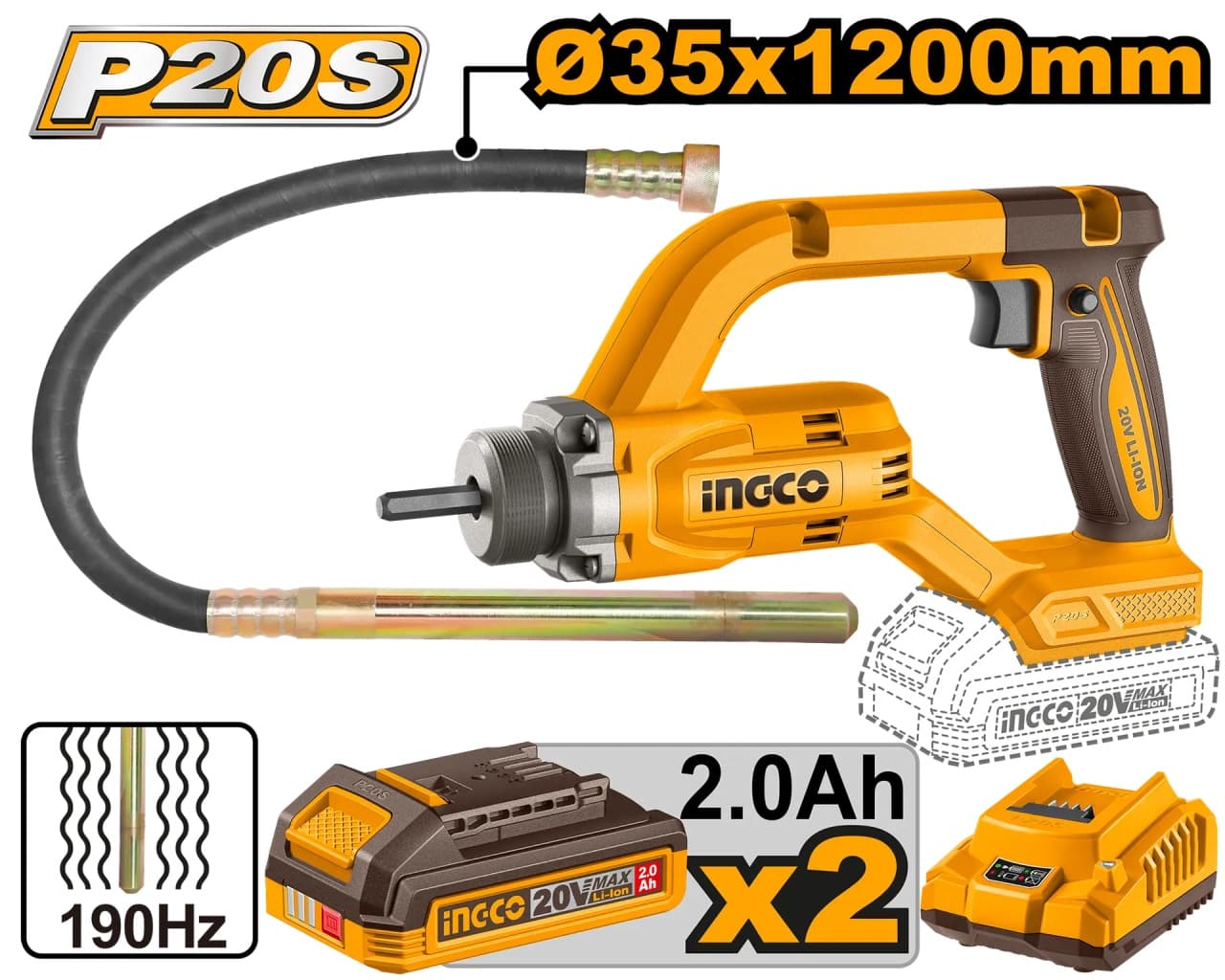 Vibrator beton INGCO CCVLI2025021E, 20V, Brushless, 0-2500 RPM, frecventa vibrare 190Hz, tija 35x1200mm, 2 acumulatori 2Ah, incarcator inclus