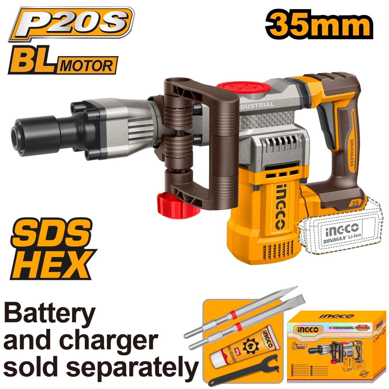 Demolator Profesional 20V SDS HEX Brushless INGCO CDBLI20358, 16J, 0-3200 bpm, sistem prindere SDS HEX, fara acumulator si incarcator