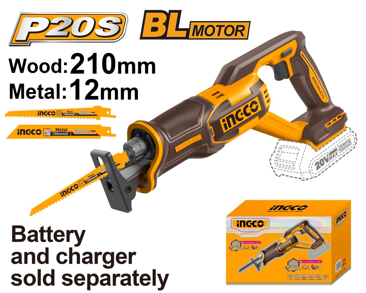 Fierastrau Sabie 20V CRSLI2108 – Motor Brushless, 0-2800 rpm, Taiere Lemn 210mm / Metal 12mm, Viteza Variabila, Fara Acumulator