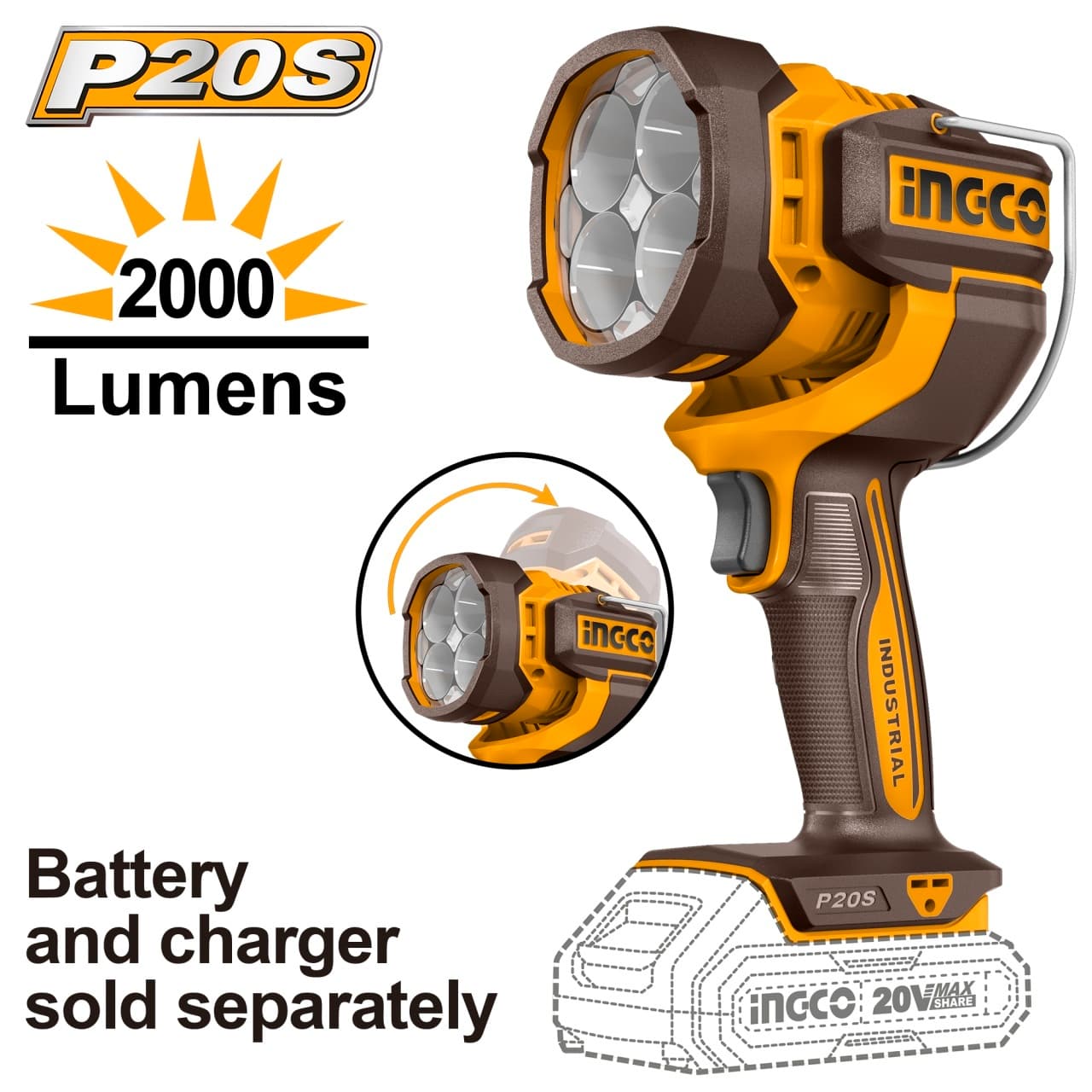 Lanterna LED portabila Ingco CWLI2088, 20V, 22.5W, 2000 lumeni, cap reglabil 130°, IP20, 24.2x13.5x13.5 cm