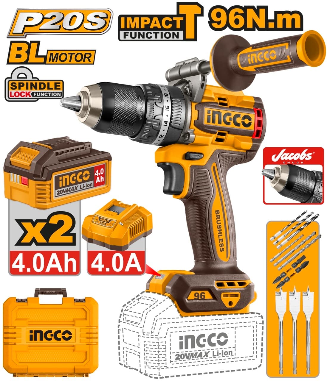 Masina de Gaurit si Insurubat cu Impact 20V INGCO CIDLI209686E, 96Nm, brushless, 2 viteze 0-550/2100 rpm, 30000 bpm, mandrina metalica 13 mm, 2 acumulatori 4.0Ah, incarcator, set accesorii