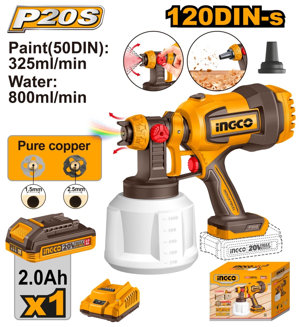 Pistol Vopsit Electric 20V 800ml/min Rezervor 1000ml cu Acumulator 2Ah si Incarcator CSGLI20042E – pistol pulverizare vopsea reglabil INGCO