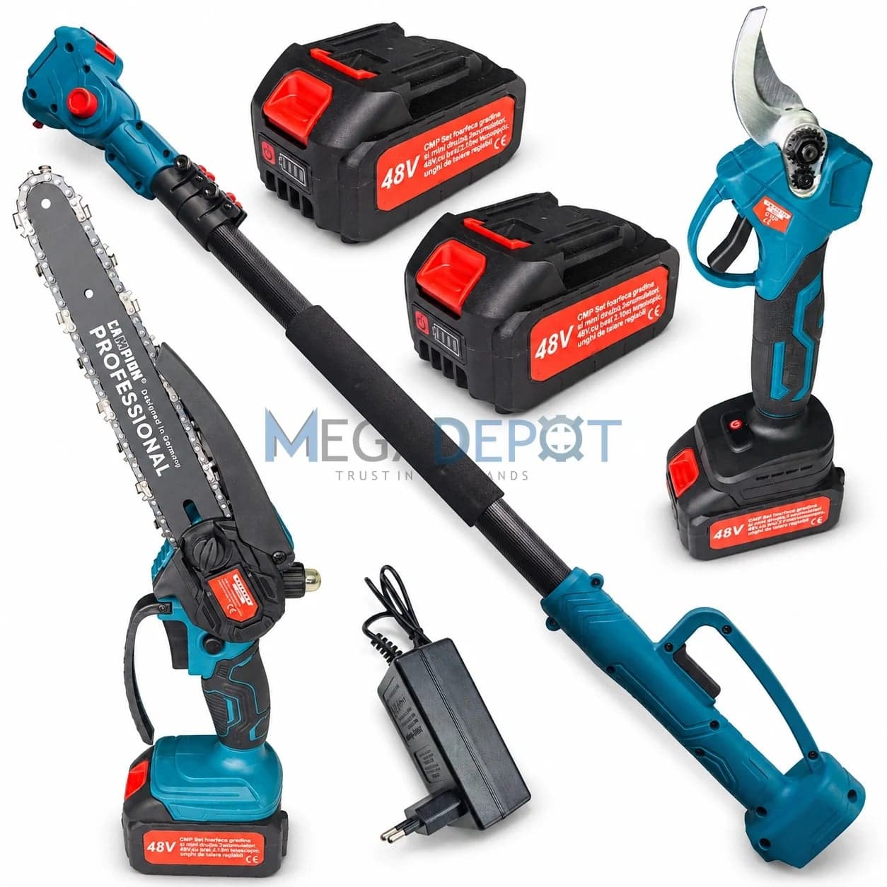 Set Foarfeca de Gradina și Mini Drujba 48V 8Ah , 2 Acumulatori, Brat Telescopic 2 m, Unghi Reglabil de Taiere electrica CMP1757