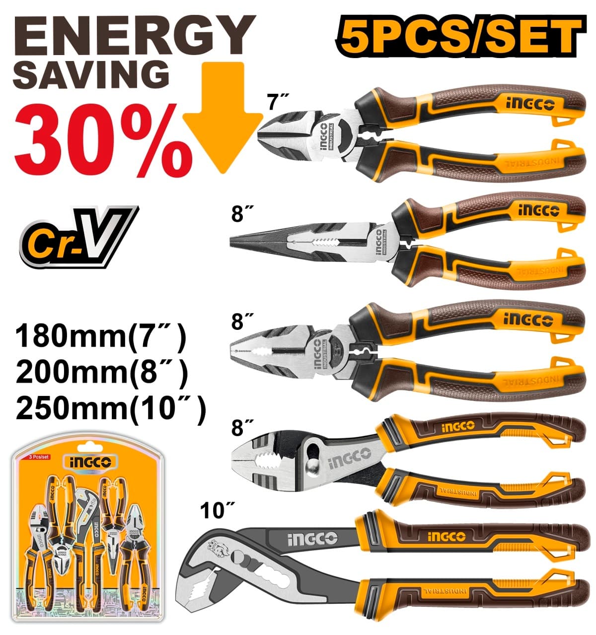 Set Patenti Profesional 5 buc INGCO HKPS28588, otel Cr-V, maner TPR cauciucat, efect parghie mare, multifunctional, finisaj negru polisat
