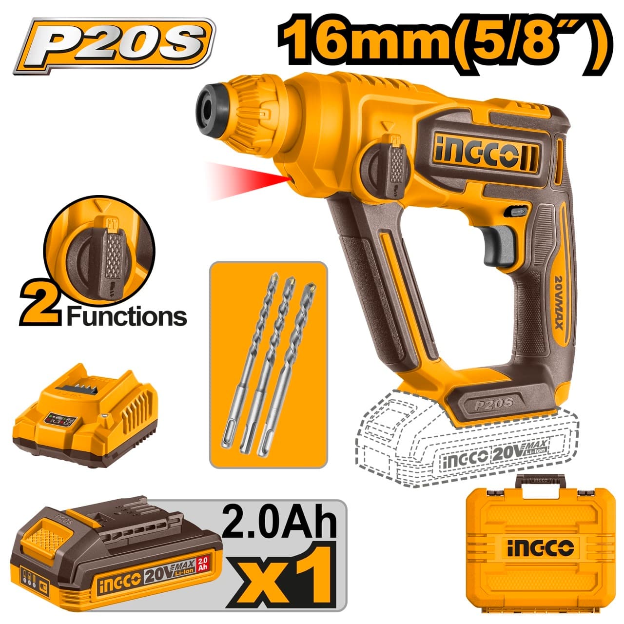 Ciocan Rotopercutor 20V INGCO CRHLI201681E, SDS Plus, 1.5J, 0-850 rpm, 0-5100 bpm, capacitate gaurire beton 16 mm, 1 acumulator 2.0Ah, incarcator, cutie transport
