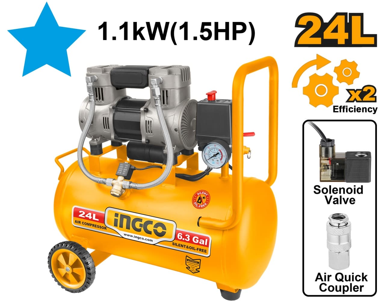 Compresor aer 24L 1.1kW fara ulei INGCO ACS111242, 8 bar, 2850 rpm, 67 dB, motor aluminiu