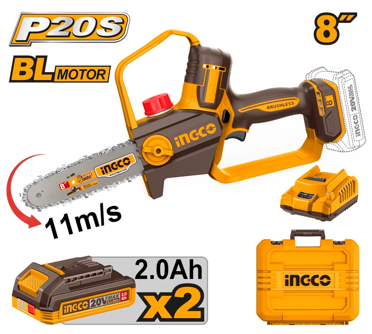 Fierastrau Electric de Mana 20V 20cm (8") Brushless INGCO CGSLI20882E, viteza lant 11 m/s, ungere automata, 2 acumulatori 2Ah + incarcator + cutie transport