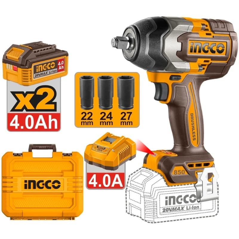 Filetanta cu impact INGCO CIWLI2085E, 20V, Brushless, 1/2”, 850Nm, desfacere 1000Nm, 3 trepte viteza, LED, 2 acumulatori 4Ah, incarcator, tubulare si cutie transport