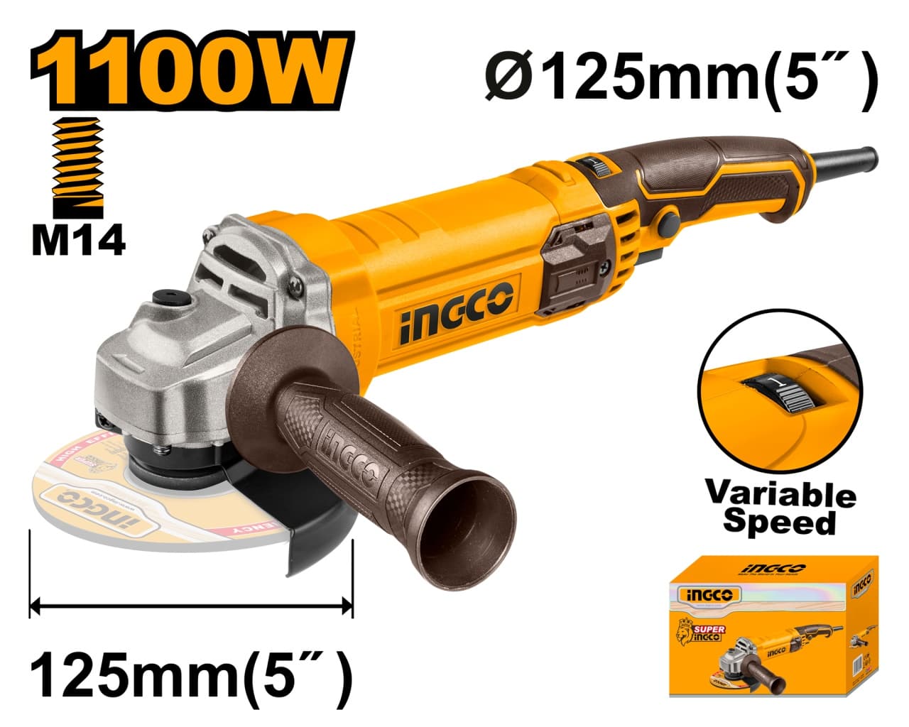 Flex Unghiular Profesional 1100W 125mm Turatie Variabila INGCO AG1100385, 5000-12000 rpm, filet M14, alimentare 220-240V