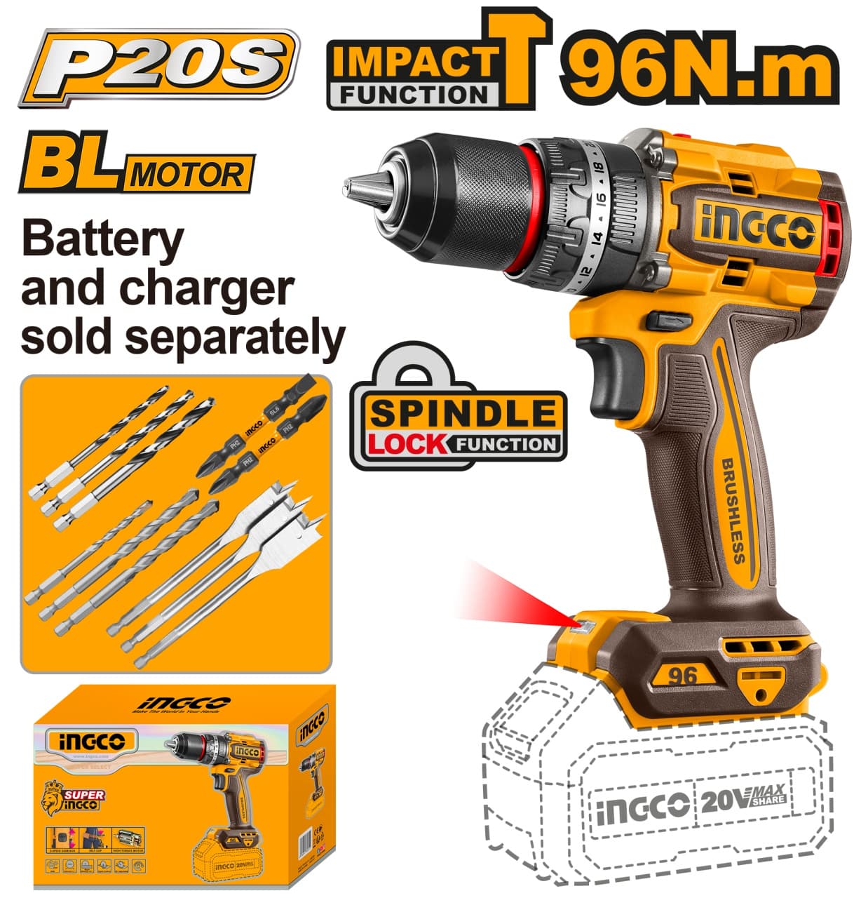 Masina de gaurit si insurubat autofiletanta 20V, Brushless, 96Nm, fara acumulator – INGCO CIDLI209681