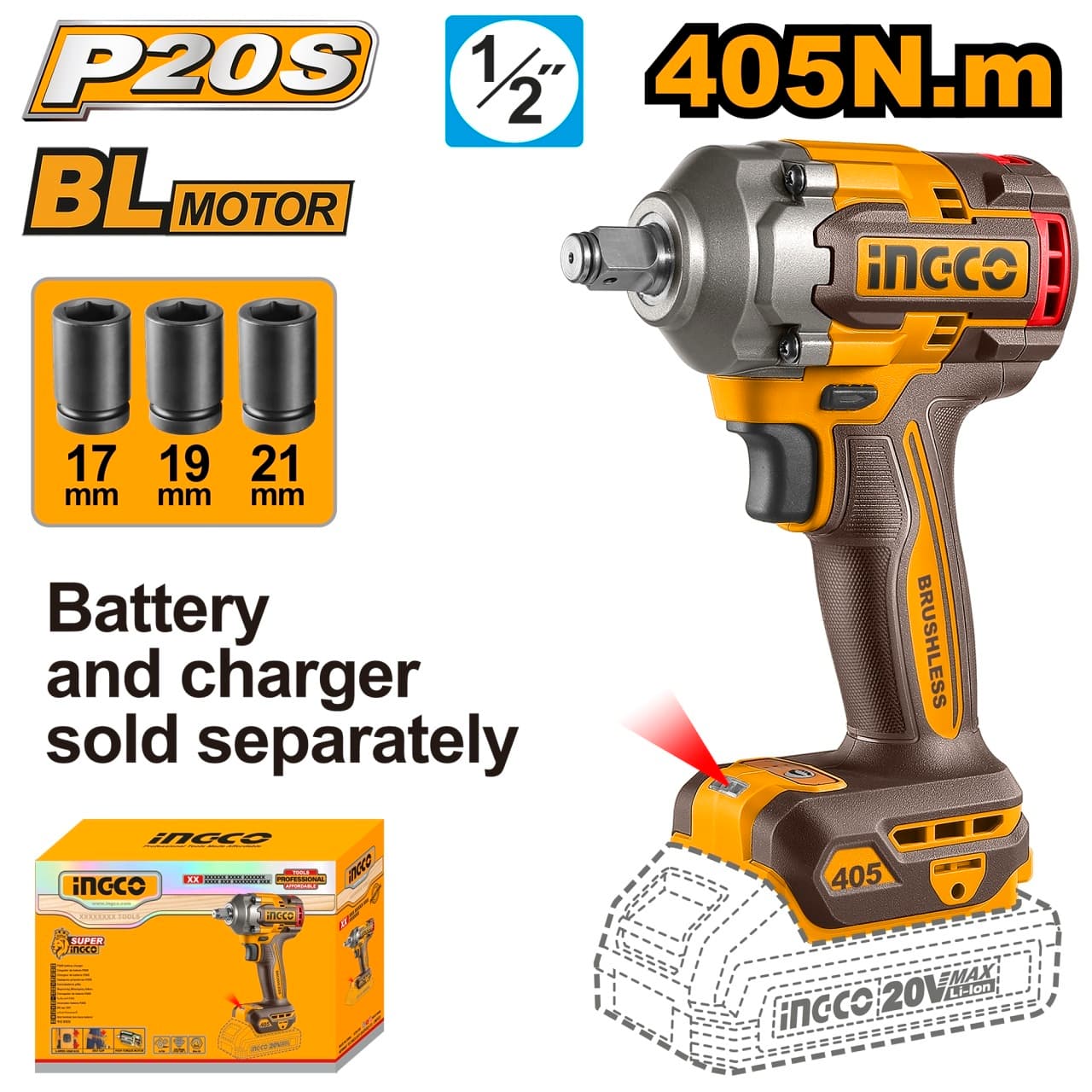 Masina de Insurubat cu Impact Profesionala 20V 405Nm Brushless INGCO CIWLI20451, 0-2400 rpm, 0-3000 bpm, prindere 1/2", cuplu desfacere 555Nm, fara acumulator si incarcator