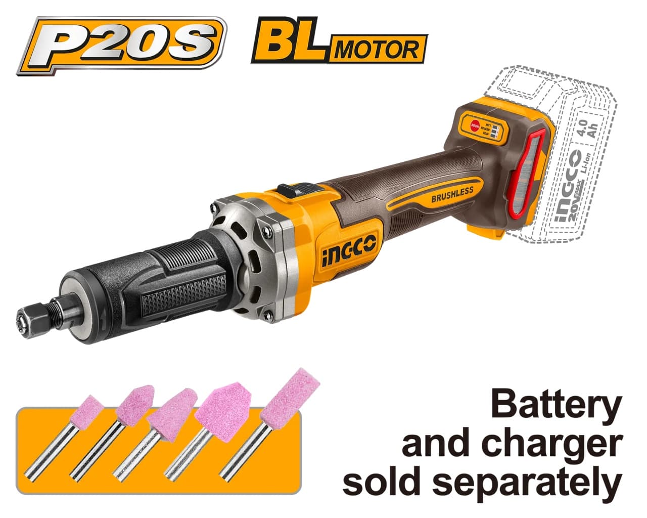 Polizor drept INGCO CDGLI2001, 20V, Brushless, 1/4”, 3 trepte viteza 10000/20000/30000 RPM, 5 capete slefuire incluse, fara acumulator si incarcator
