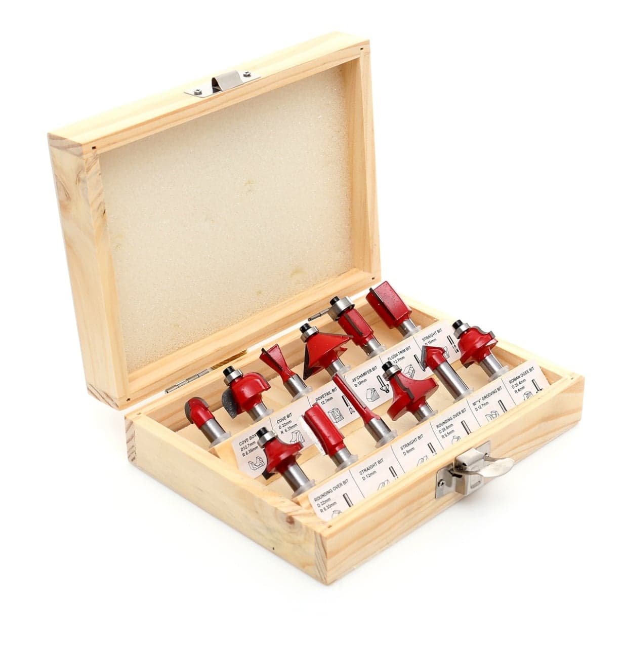 Set 12 freze pentru lemn 6 mm, profile drepte, V, 45°, core box si coada de delfin, pentru masina de frezat verticala, KRAFTNER KF-3087