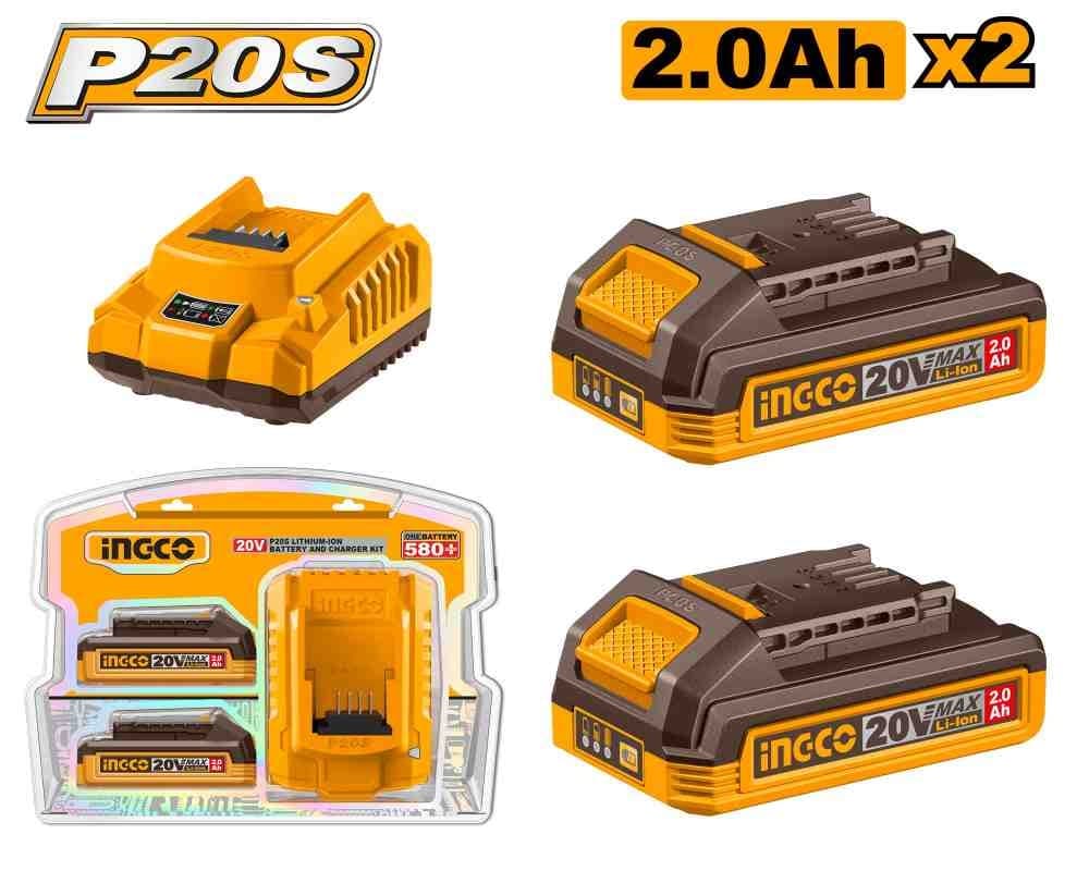 Set 2 acumulatori INGCO FBCPK2212E, 20V, Li-Ion, 2Ah, indicator LED, incarcator rapid inteligent 20V 2A, compatibil platforma P20S, ambalaj blister dublu