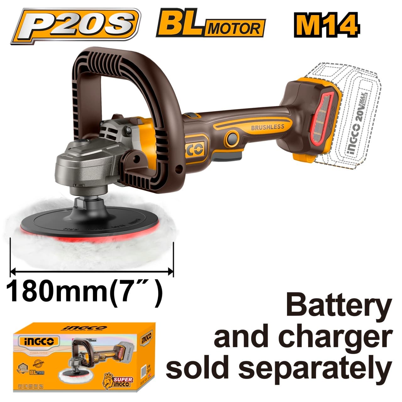 Flex Unghiular 20V Brushless Polish 180mm 400-2500rpm Filet M14 Control Viteza Variabila APLI2018 Fara Acumulator si Incarcator