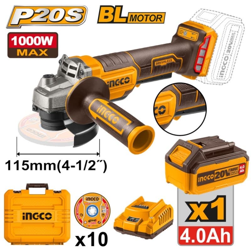 Flex unghiular INGCO CAGLI2111561E, 20V, Brushless, 115mm, 1000W, 3 trepte viteza, maner anti-vibratii, platforma P20S, 1 acumulator 4Ah, incarcator, 10 discuri si cutie transport