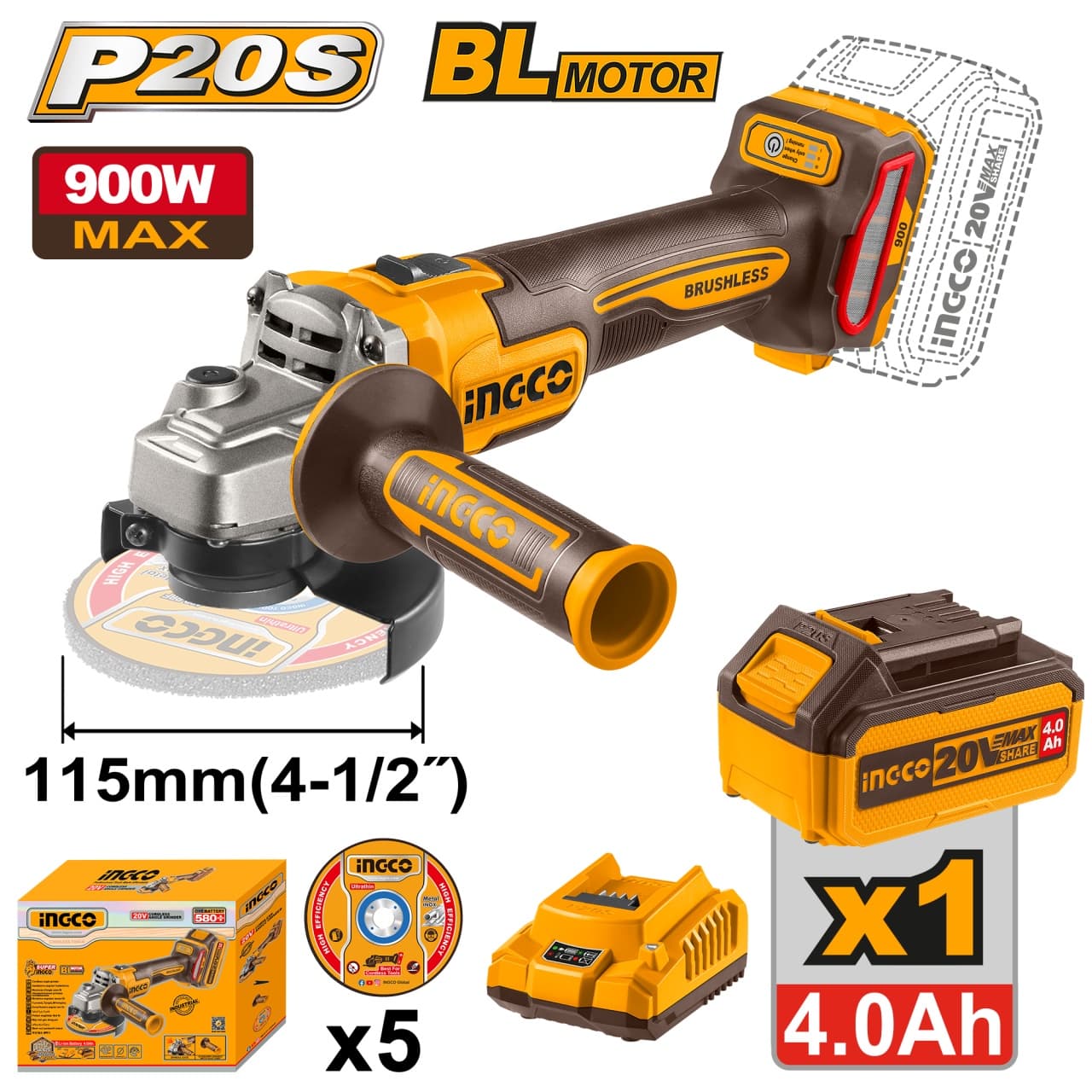Flex Unghiular Profesional 20V 115mm 900W Brushless INGCO CAGLI261521E, 3000/6000/9000 rpm, filet M14, 1 acumulator 4Ah + incarcator + accesorii incluse