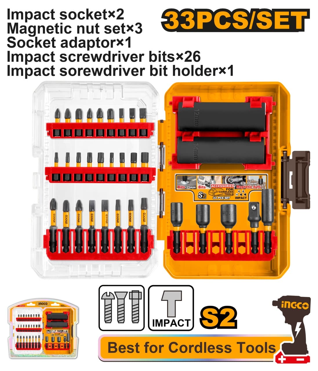Set Biti Impact 33buc AKDL63306 – biti impact 25mm si 50mm cu tubulare Cr-Mo si adaptor 3/8" pentru insurubat profesional